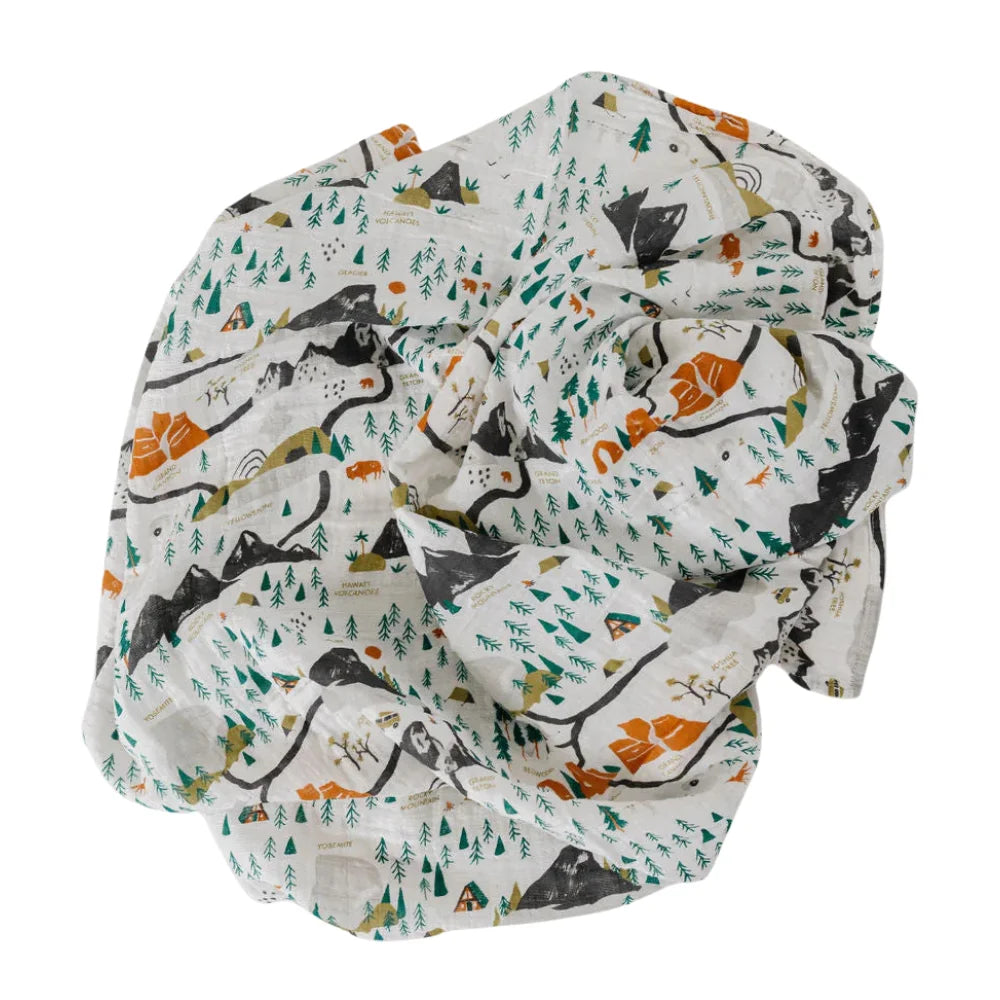 National Parks muslin swaddle with mini print pattern