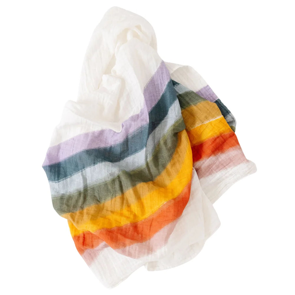 Rainbow Connection muslin swaddle blanket with rainbow print