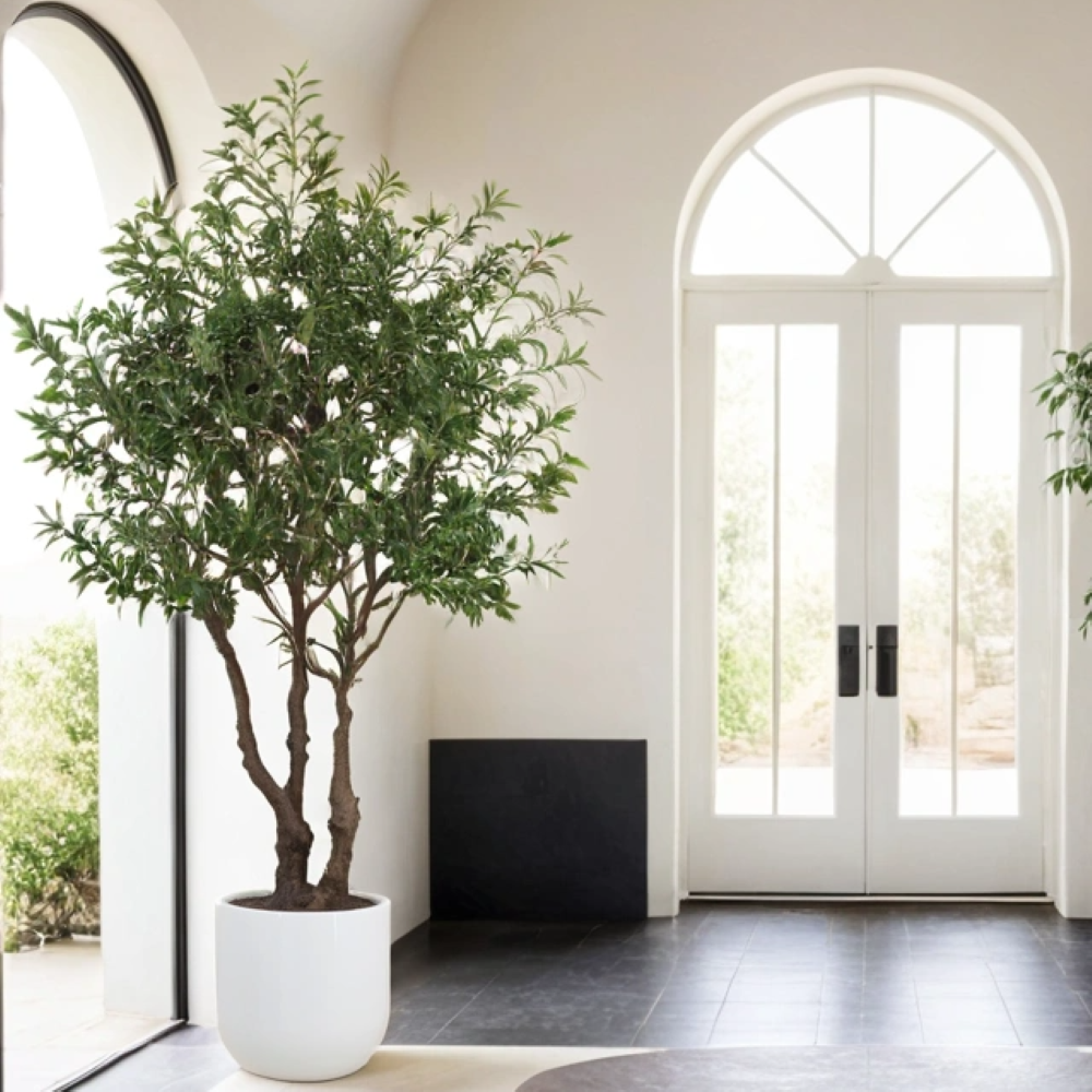 Artificial potted olive tree with realistic branches and leaves
