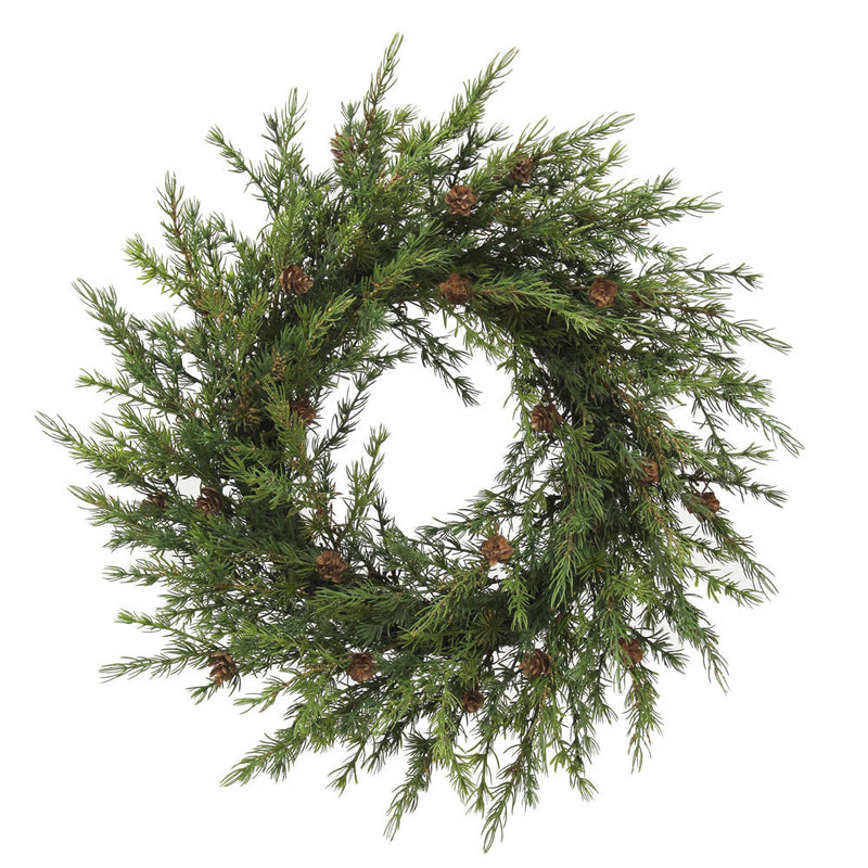 28 inch artificial pine wreath with realistic pinecones
