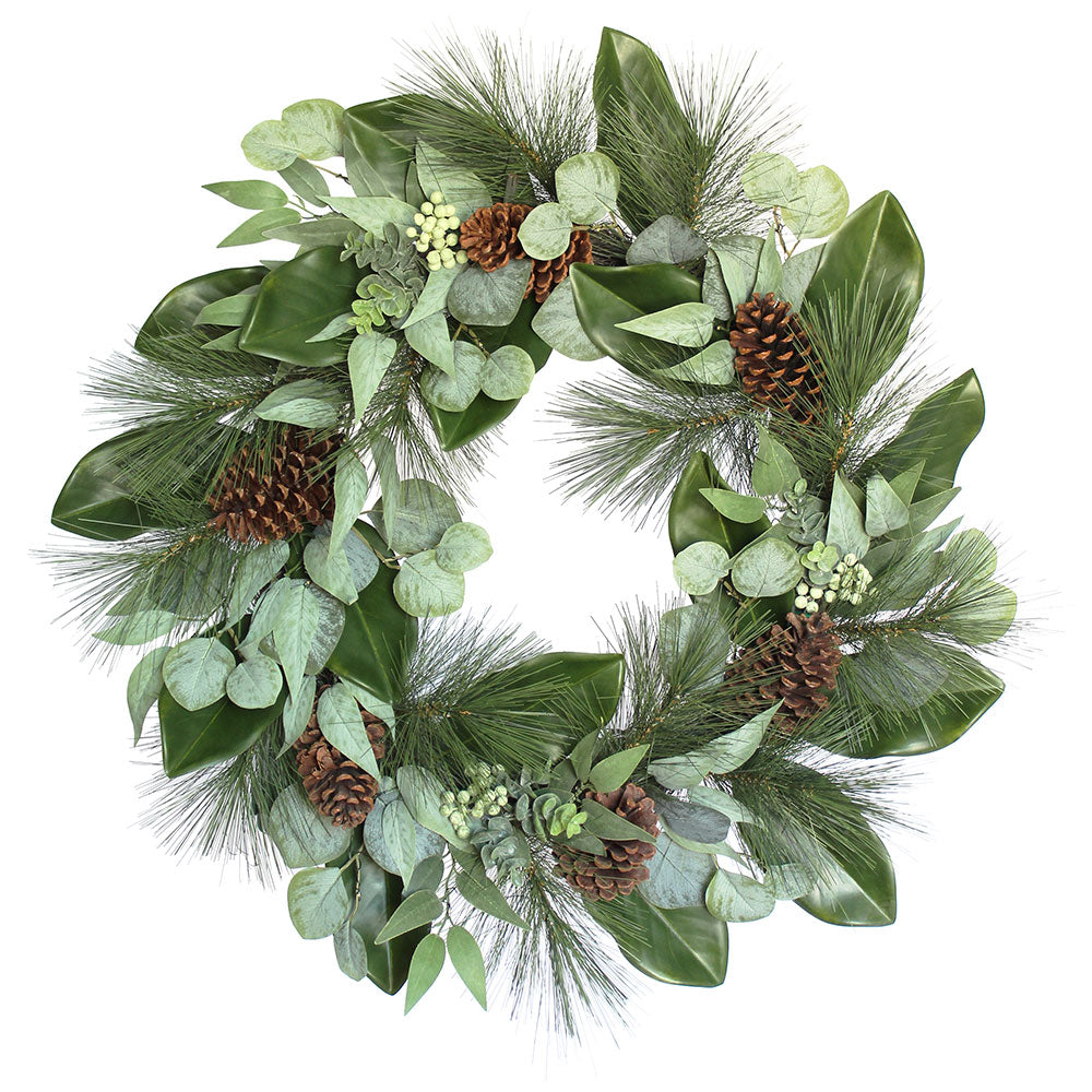 Magnolia Eucalyptus Pinecone Pine Needle Wreath Unlit White Background