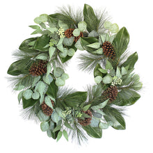 Magnolia Eucalyptus Pinecone Pine Needle Wreath Unlit White Background