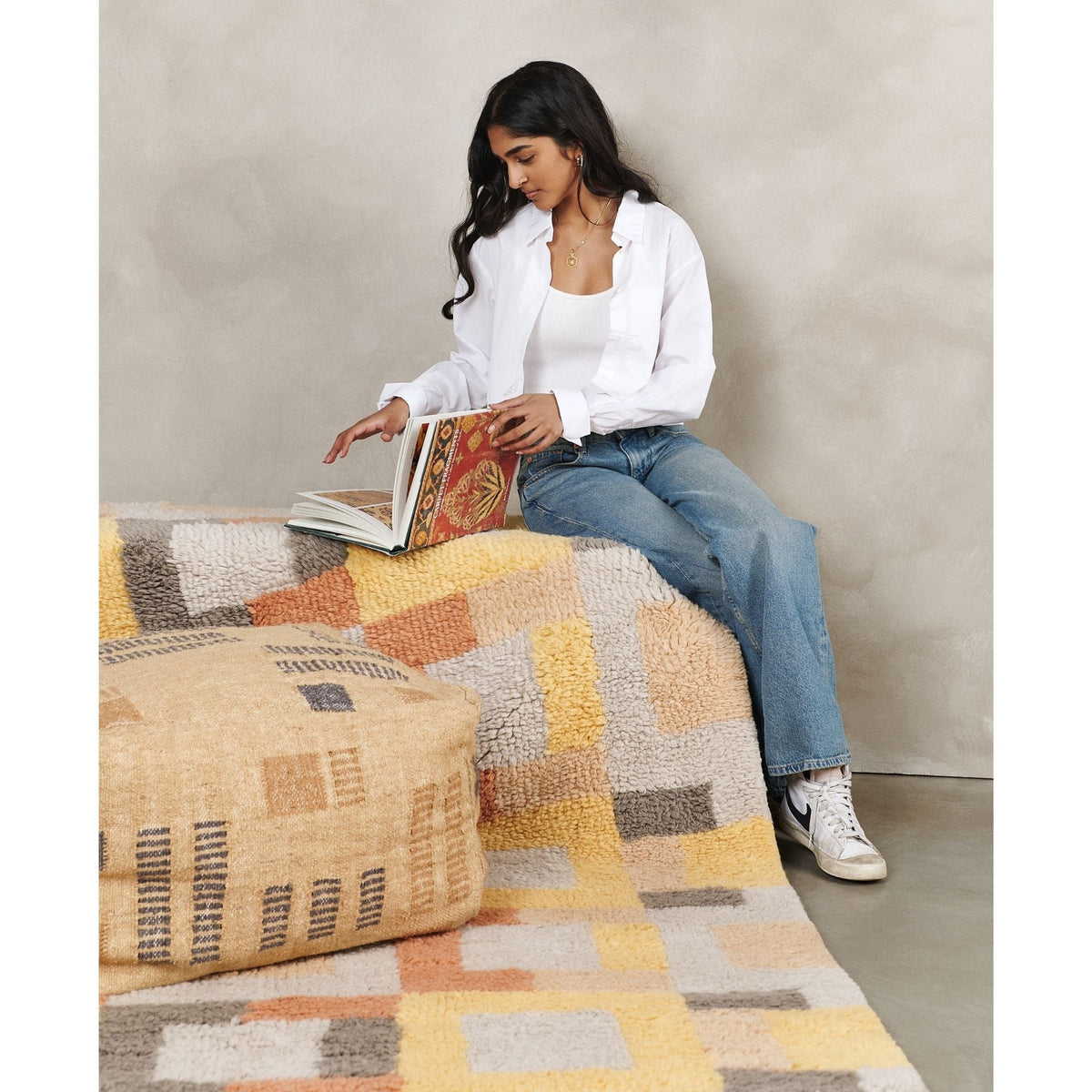 Wheat geometric jute cotton handloom pouf cover, 24x24 – One Affirmation