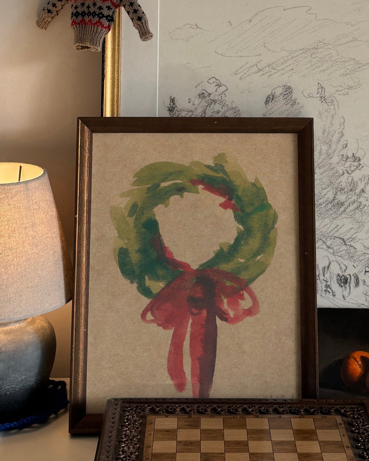 Wreath III green wreath with red bow art print, view 7