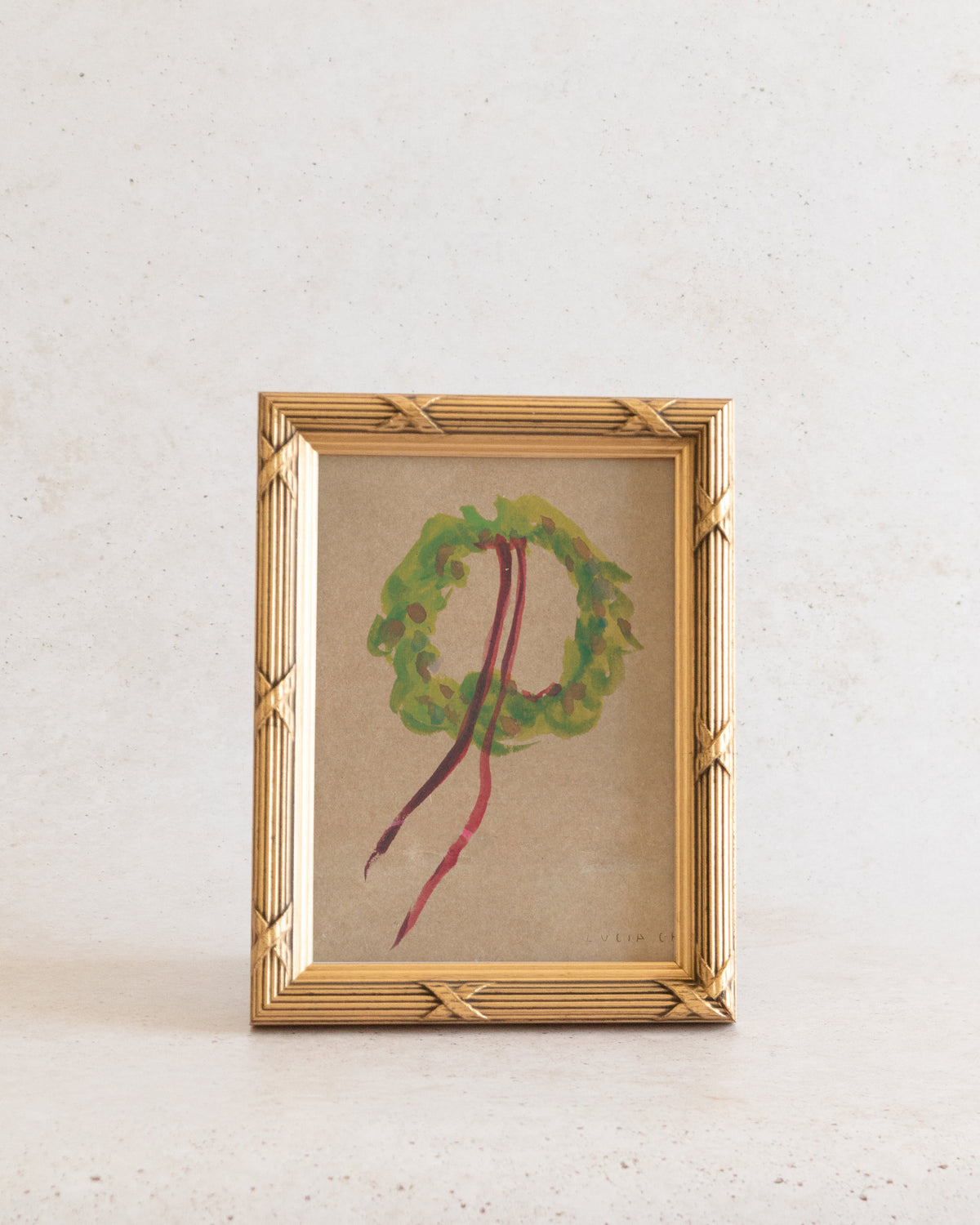 Wreath II watercolor wreath with red ribbons art print