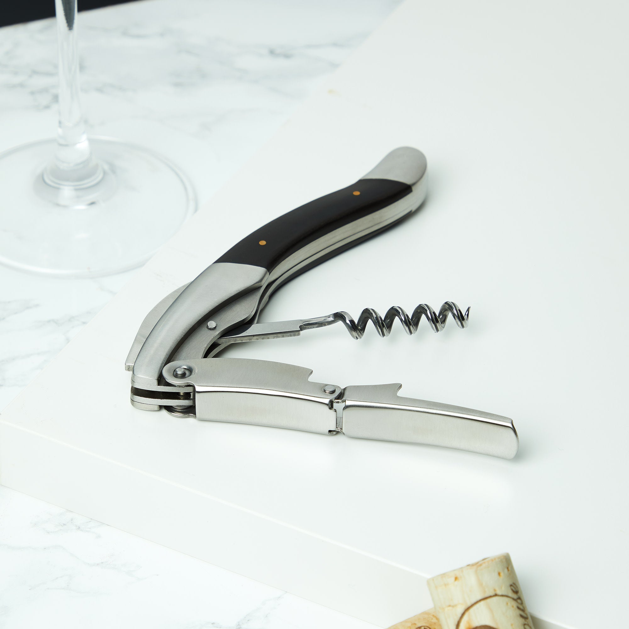 Luxury corkscrew with polished dark wood inlay