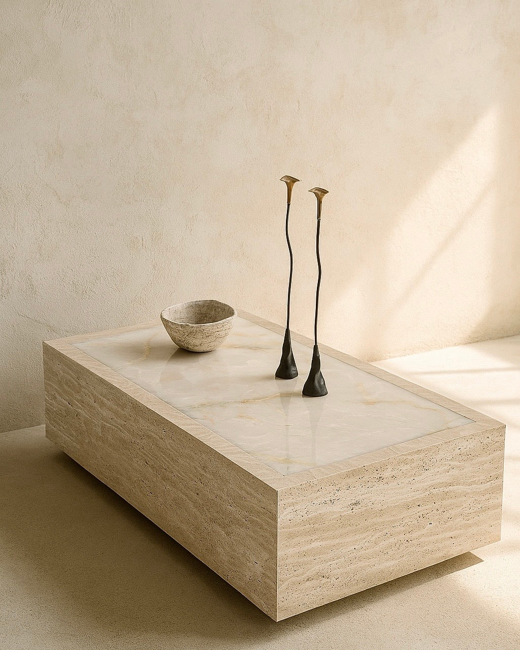 Palermo Beige Travertine Onyx Coffee Table 52" Modern Stone