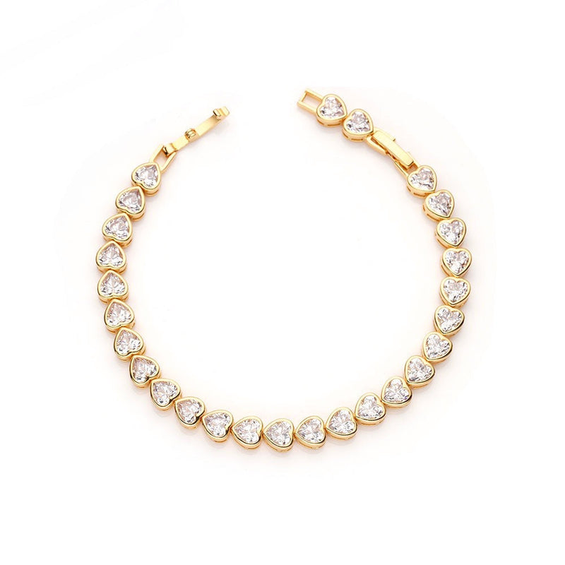 Bezel Heart Tennis Bracelet with heart CZ stones on gold chain