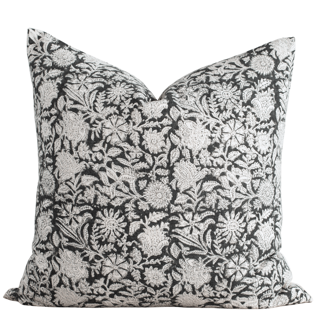 Burgos Floral Block Printed Pillow Cover | Black