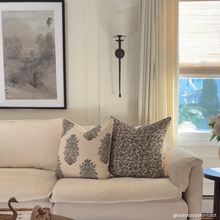 Juliette with coordinating blue block print pillows
