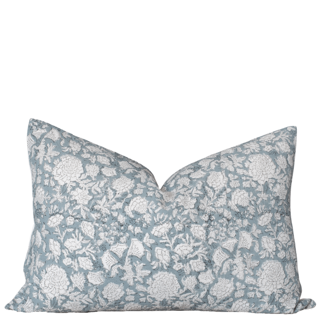 Chloe Floral Block Printed Pillow Cover | Blue | Lumbar