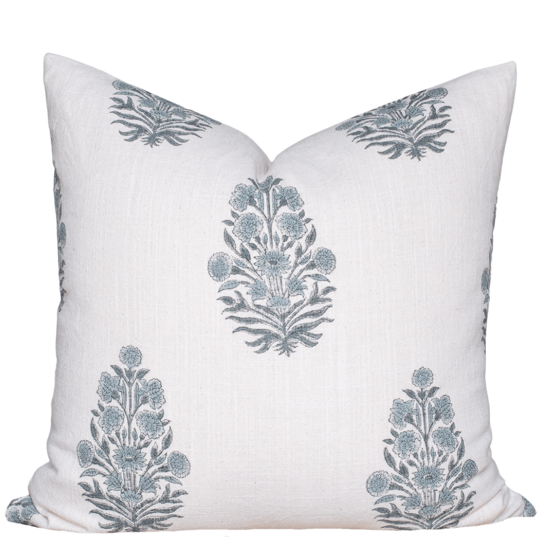 Azure Floral Block Printed Pillow Cover | Blue