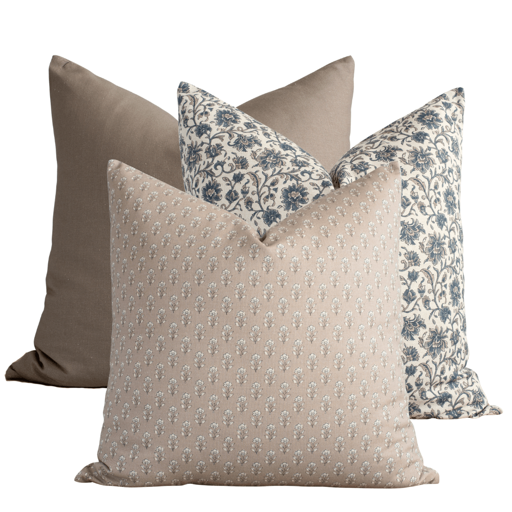 Henley indigo and taupe pillow combination, set of three pillow covers