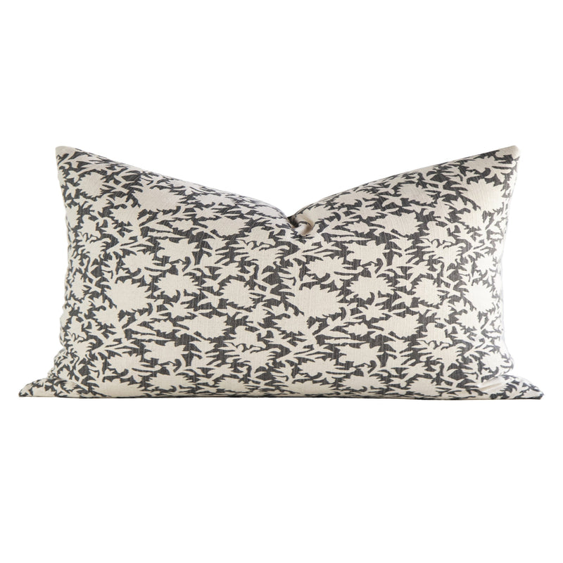 Carina charcoal and cream floral pillow cover, detail view