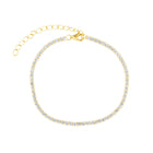 Chloe Tennis Bracelet gold plated with CZ stones displayed on neutral fabric
