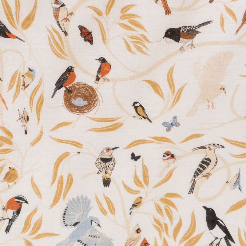 For the Birds crib sheet with colorful bird illustrations
