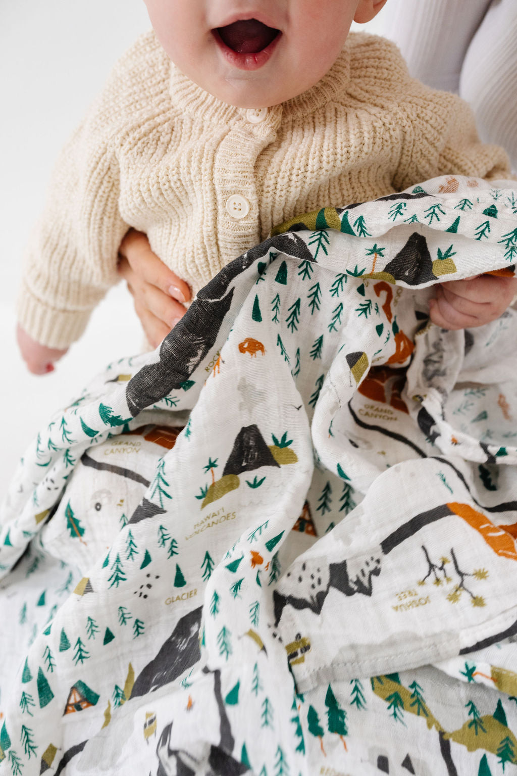 Clementine Kids National Parks Mini Pattern swaddle folded on crib