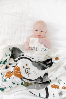 Clementine Kids National Parks swaddle styled in nursery