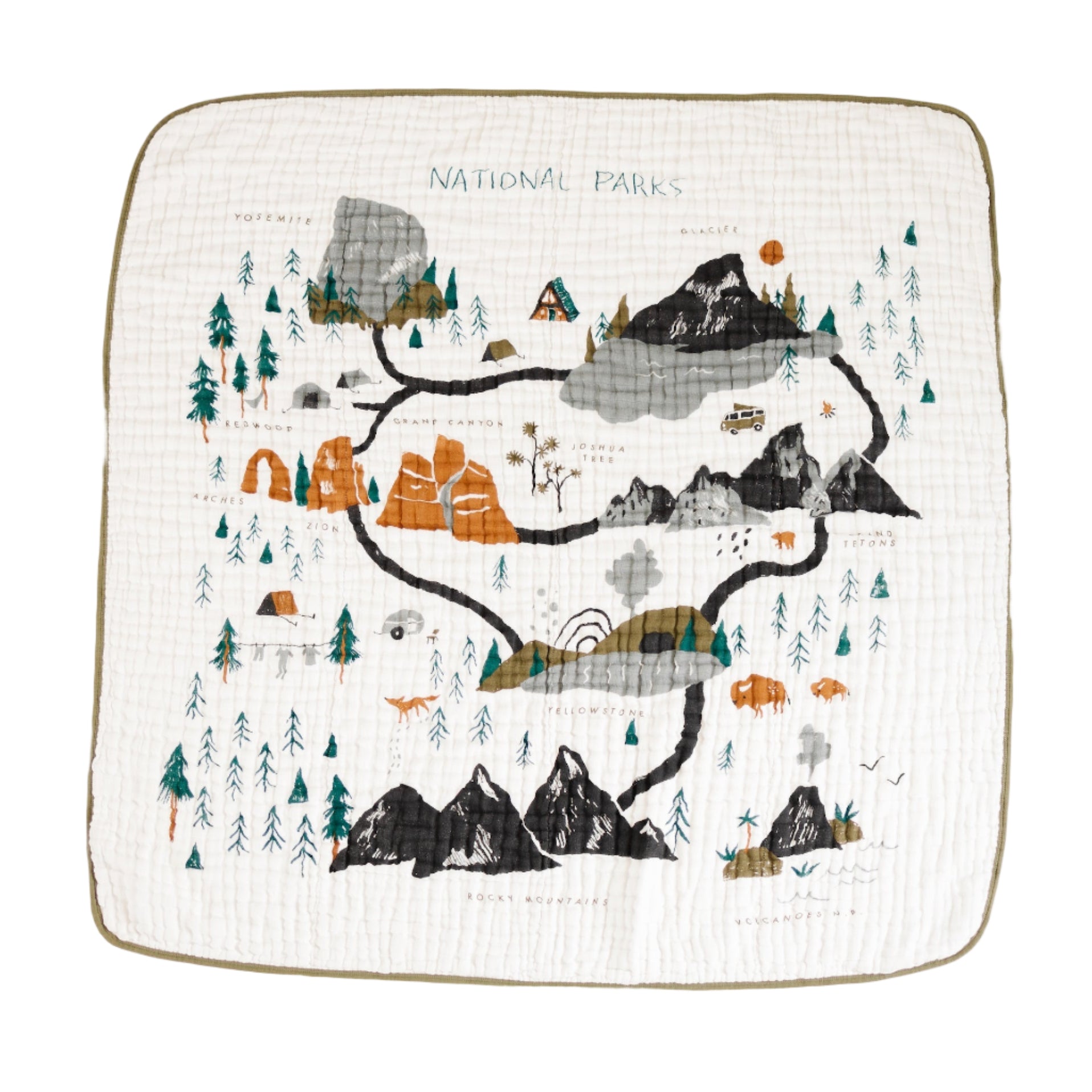 National Parks illustrated quilt with olive green reverse