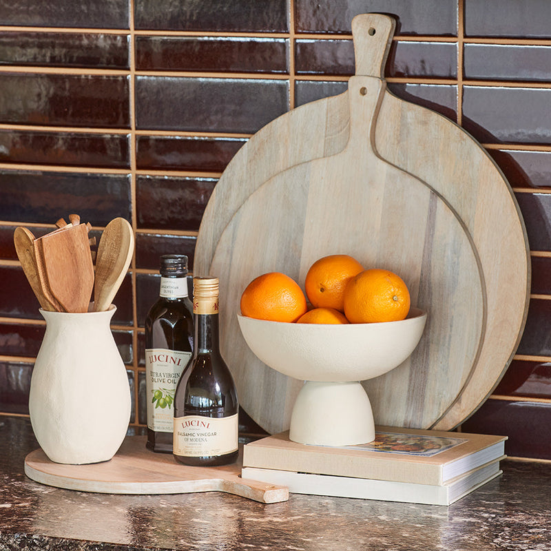 Eco-friendly wooden serving bowl styled on dining table