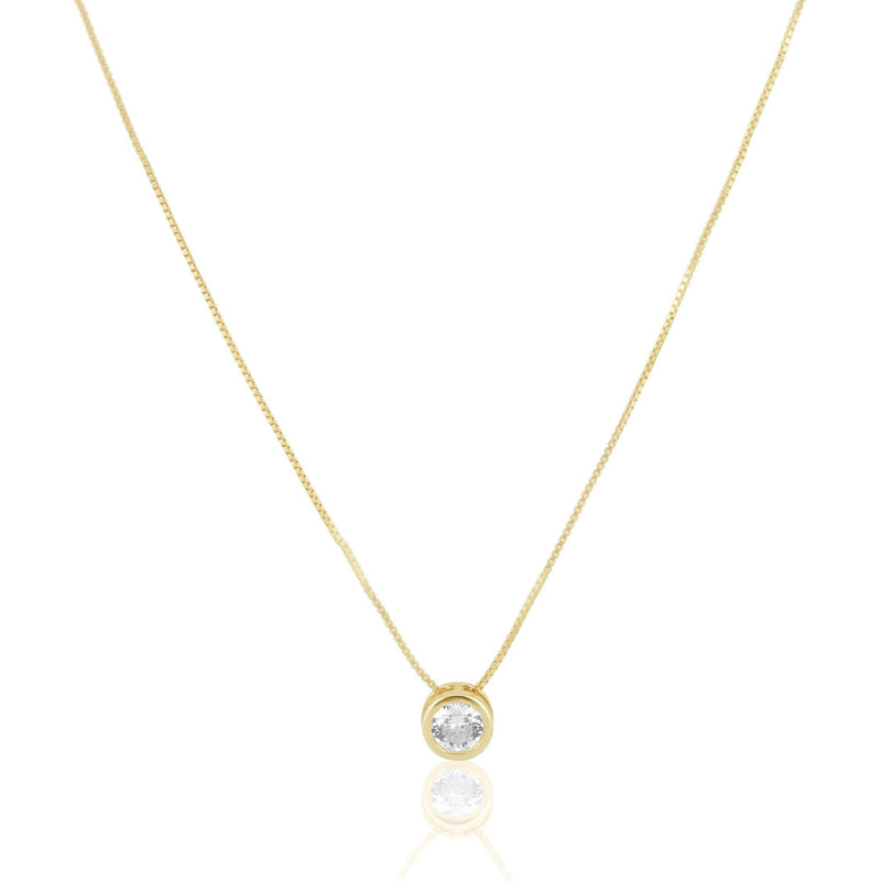 CZ bezel necklace with round stone on box chain