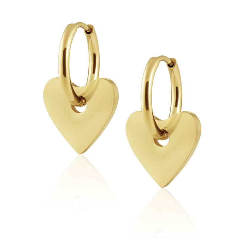 Dee Heart Earrings with gold hoop and dangling heart charm
