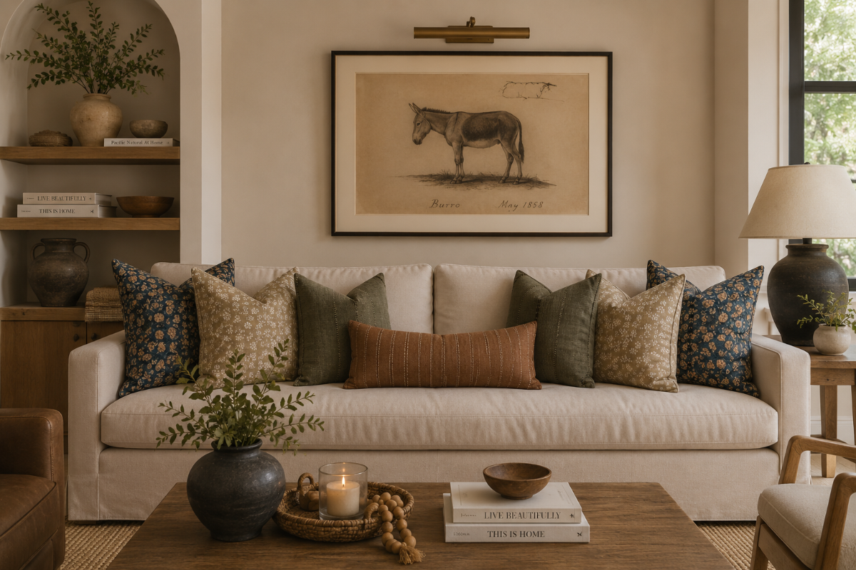 A styled living room featuring a cream-colored sofa adorned with multiple decorative throw pillows in green, blue, and rust tones. Above the sofa hangs a framed vintage-style sketch of a donkey.
