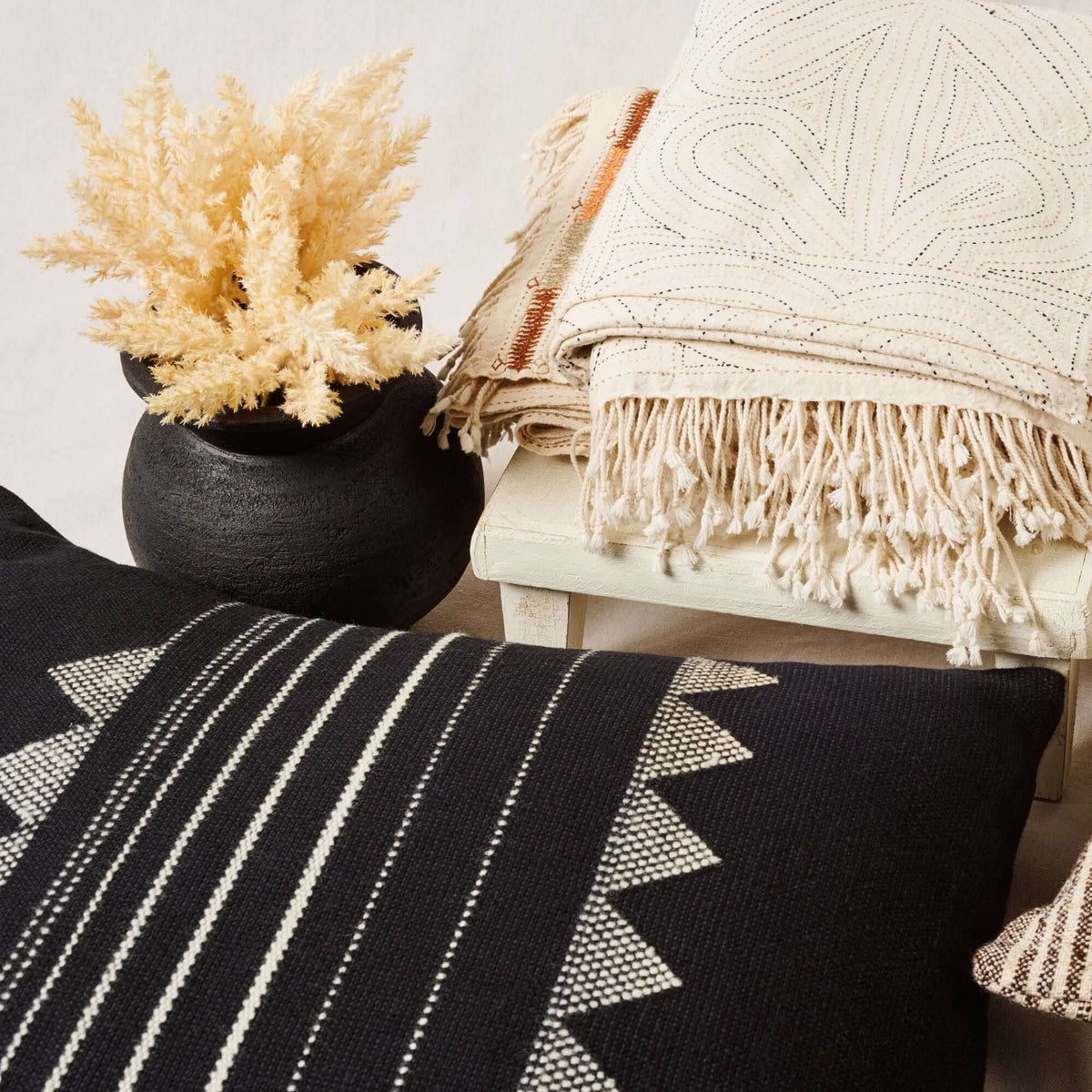 Kora Black large handloom artisanal pillow cover, 24x24 – One Affirmation