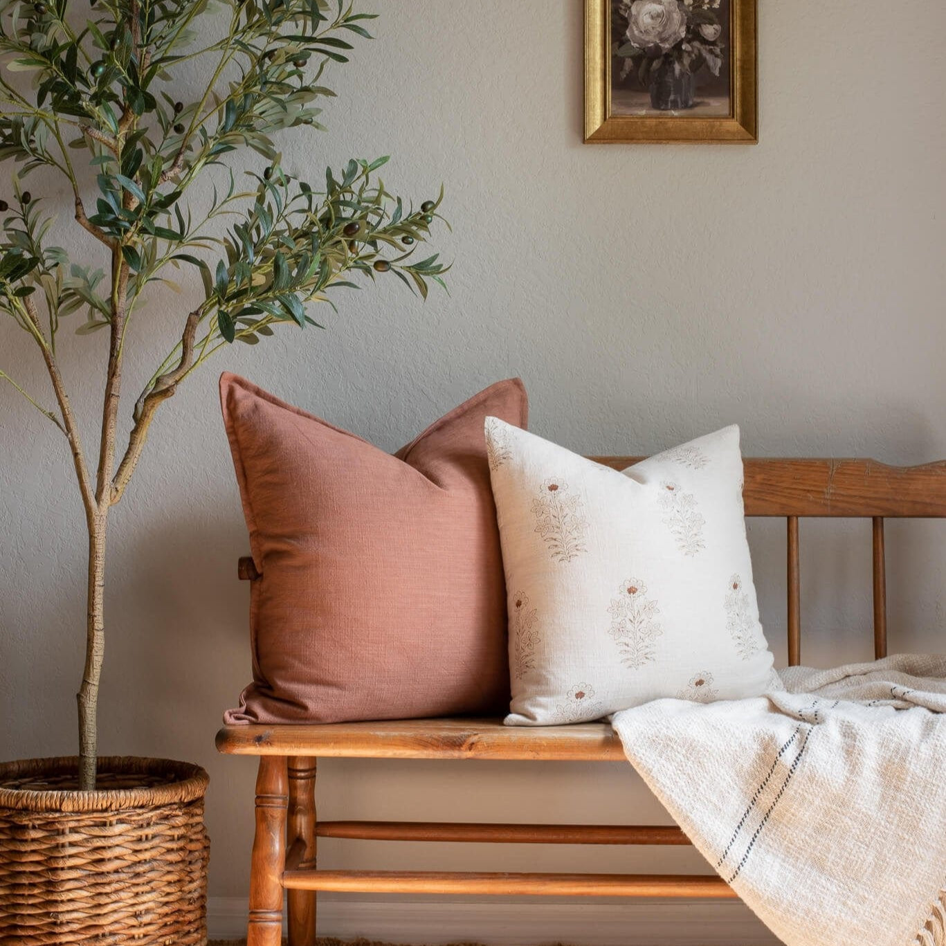 Ella Floral Block Printed Pillow Cover | Light Brown + Terracotta Detail