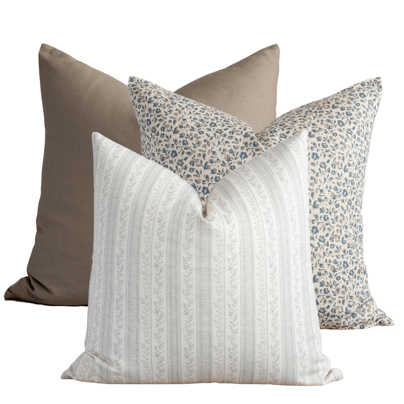 Bellamy blue and taupe pillow combination, set of three pillow covers
