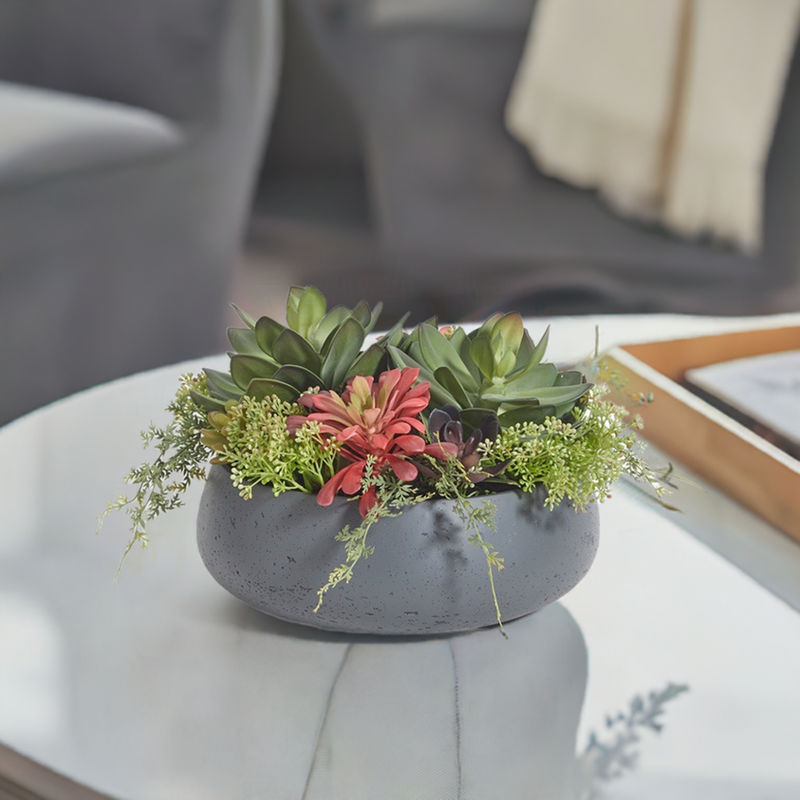 Faux succulent centerpiece in modern gray pot