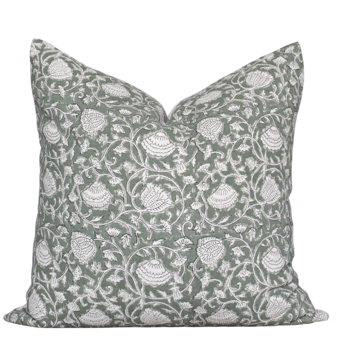 Sabine Floral Block Printed Pillow Cover | Green
