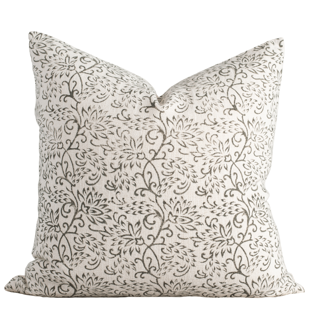 Everly Floral Block Printed Pillow Cover | Olive Green