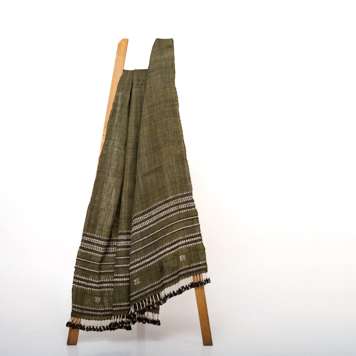 Garnet olive green striped handwoven Indian wool throw blanket – view 14