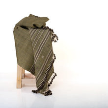 Garnet olive green striped handwoven Indian wool throw blanket – view 9