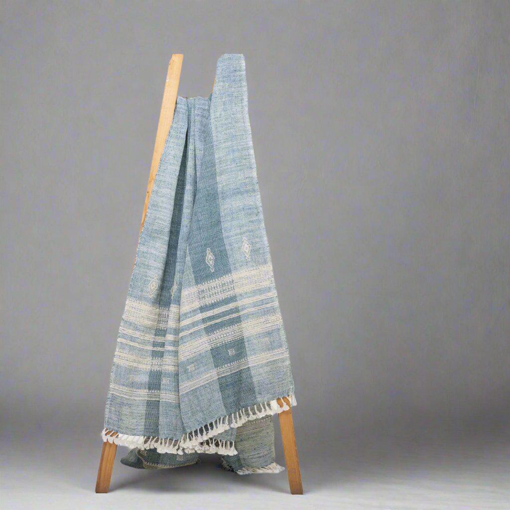 Iris teal blue handwoven Indian wool throw blanket – view 11