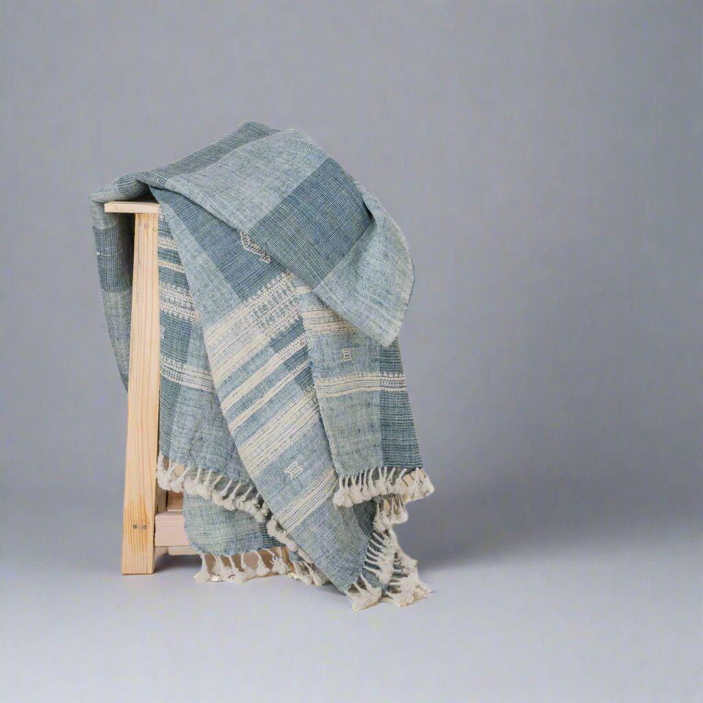 Iris teal blue handwoven Indian wool throw blanket – view 13