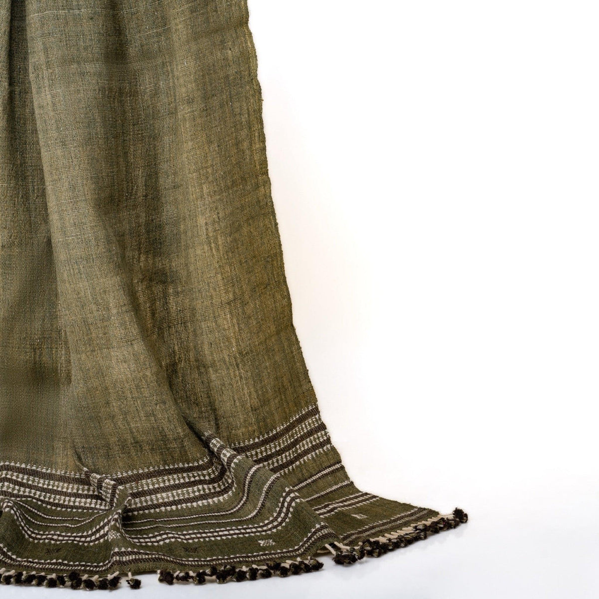 Garnet olive green striped handwoven Indian wool throw blanket – view 12