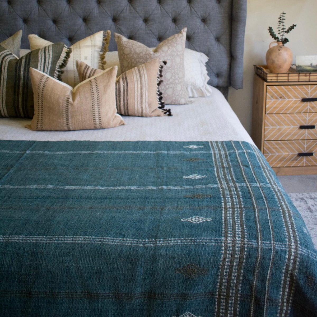 Lapis teal blue handwoven Indian wool throw blanket – view 7