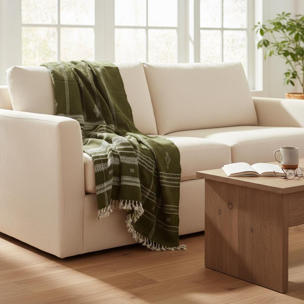 Oliver olive green handwoven Indian wool throw blanket – view 5