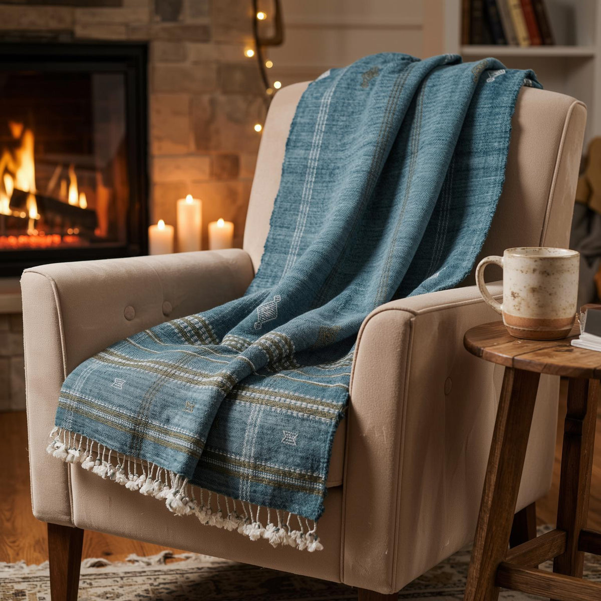 Lapis teal blue handwoven Indian wool throw blanket – view 6