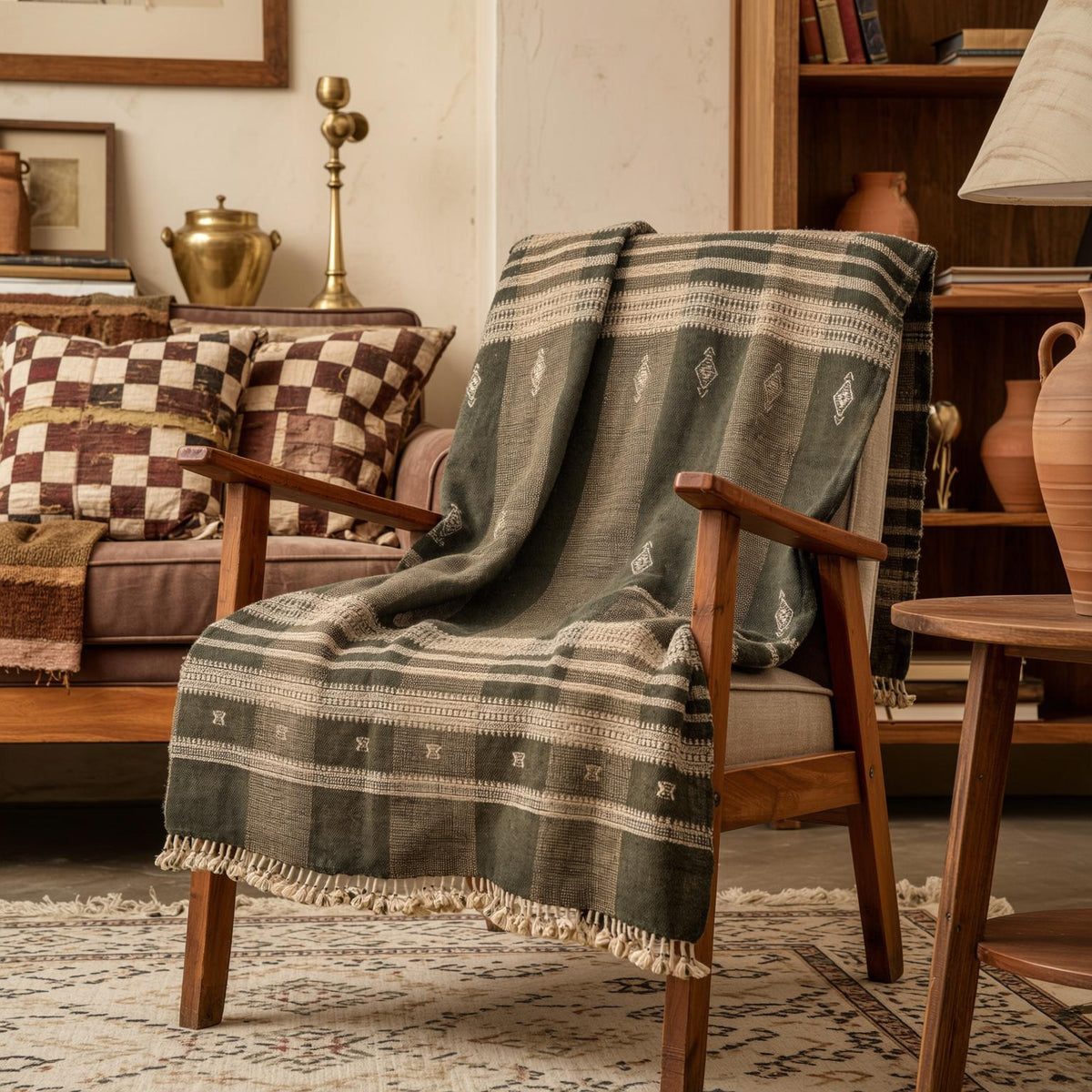 Zaraa olive brown handwoven Indian wool throw blanket – view 9