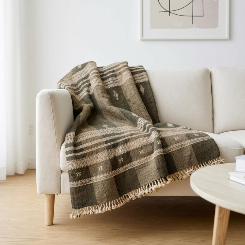 Zaraa olive brown handwoven Indian wool throw blanket