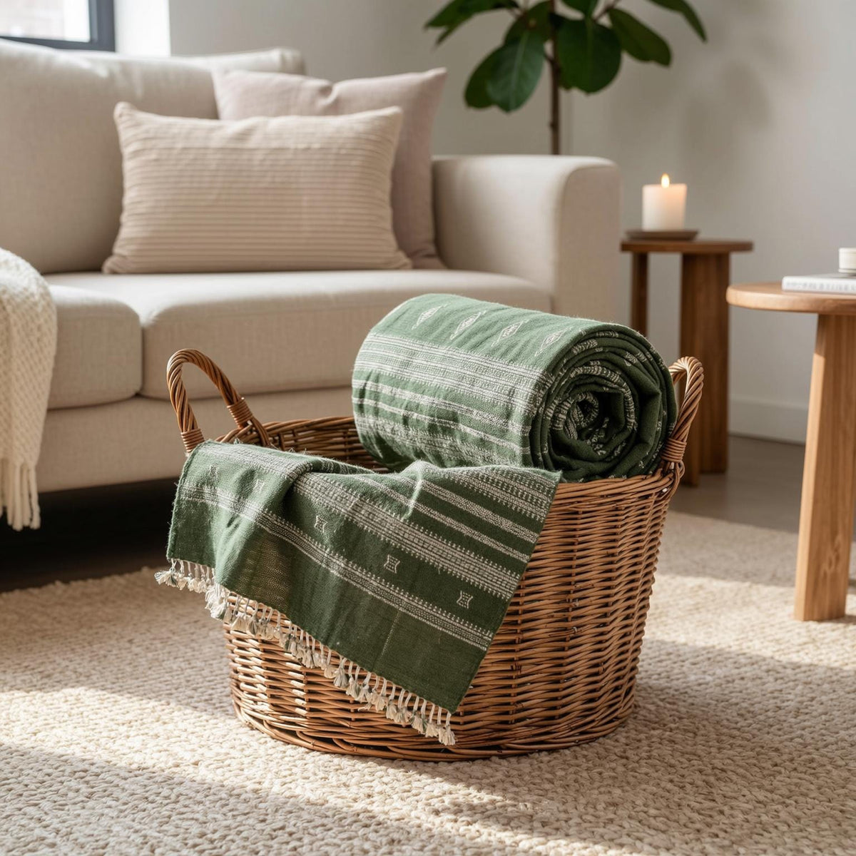 Erica forest green handwoven Indian wool throw blanket – view 6