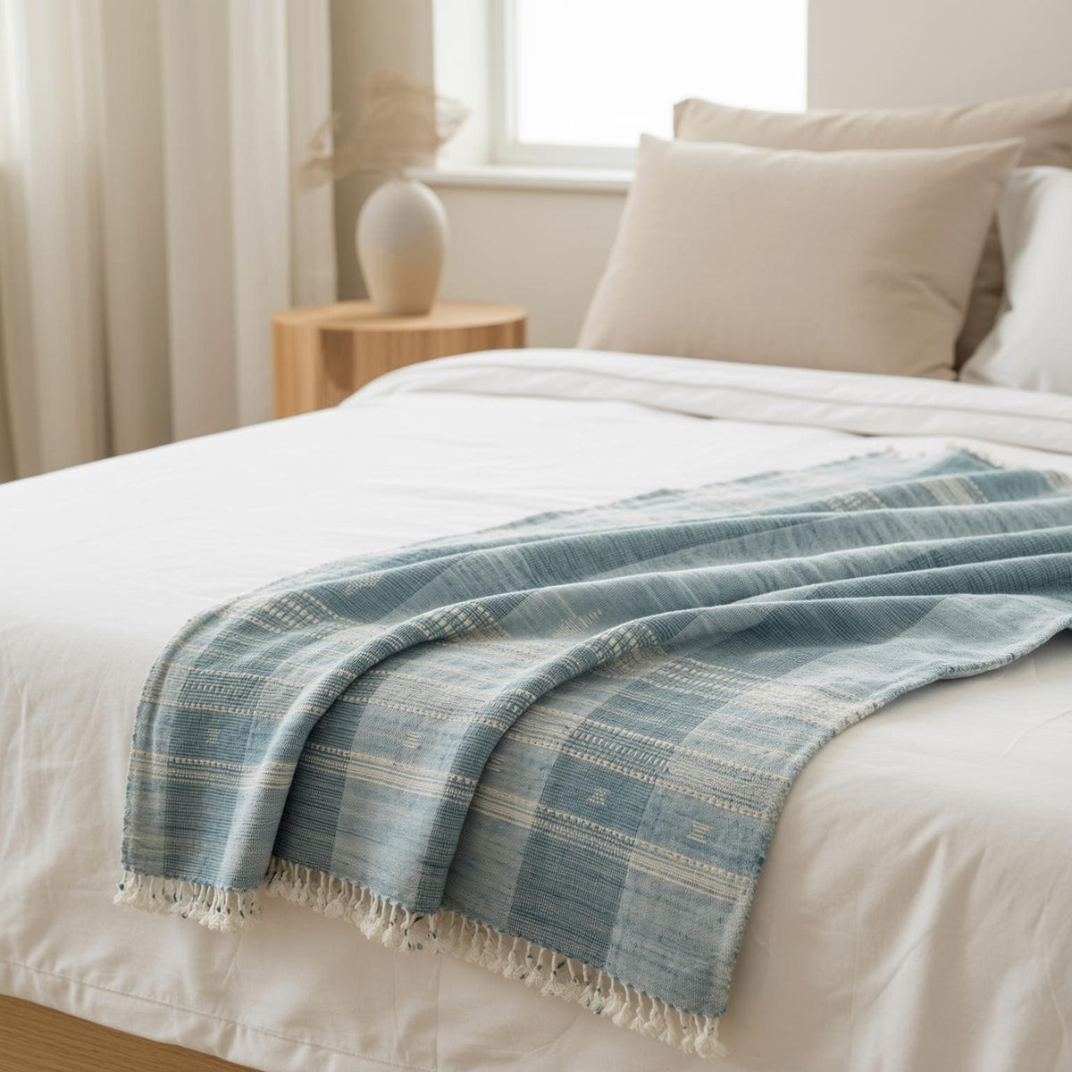 Iris teal blue handwoven Indian wool throw blanket – view 4