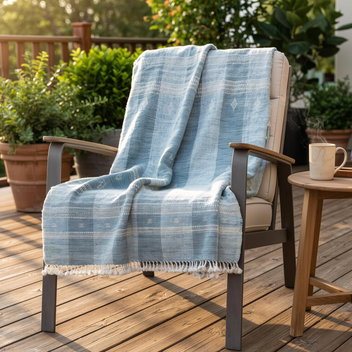 Iris teal blue handwoven Indian wool throw blanket – view 6