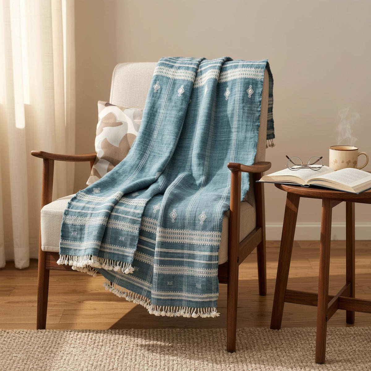 Topaz teal blue handwoven Indian wool throw blanket – view 6