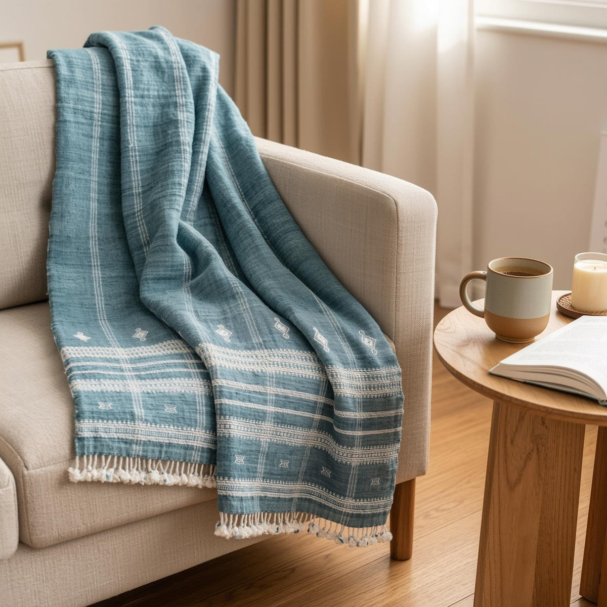 Topaz teal blue handwoven Indian wool throw blanket – view 8