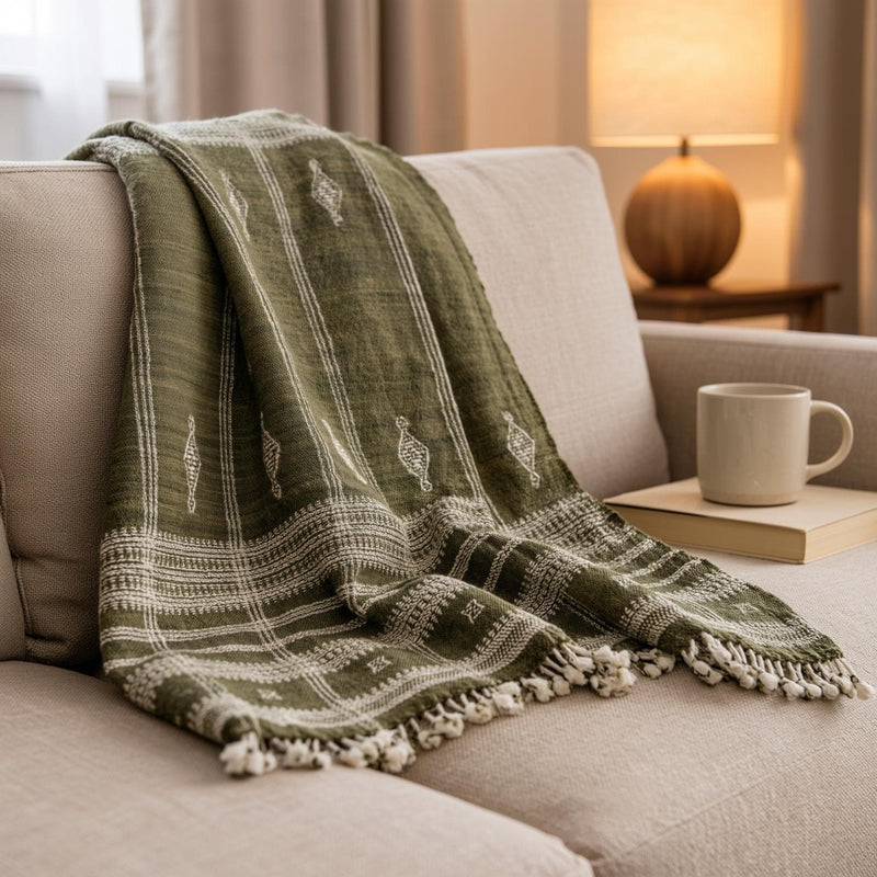 Oliver olive green handwoven Indian wool throw blanket