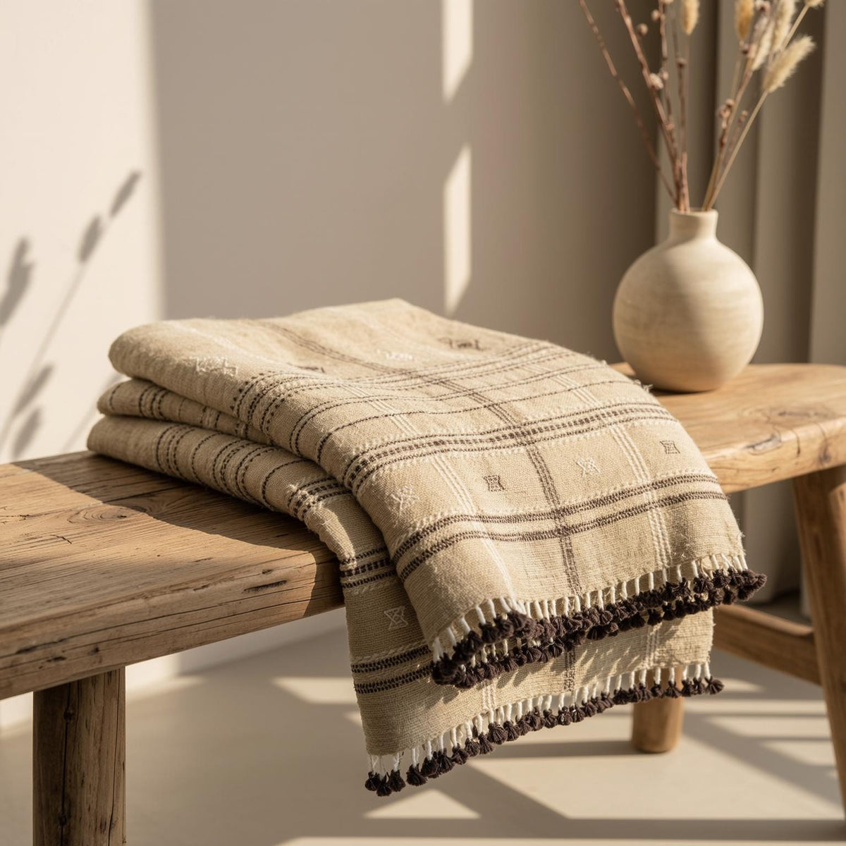 Tanishq tan plaid handwoven Indian wool throw blanket